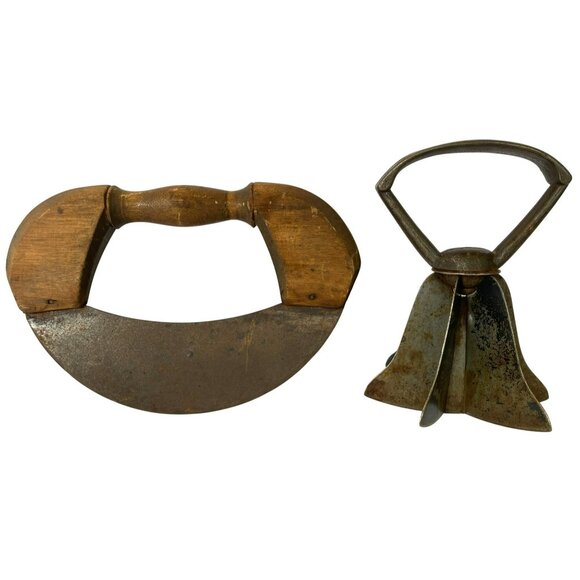 Other - Vintage Antique Kitchen Tools Wooden Handle Mezzaluna & Metal Chopper Rustic